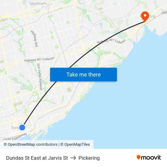 Dundas St East at Jarvis St to Pickering map