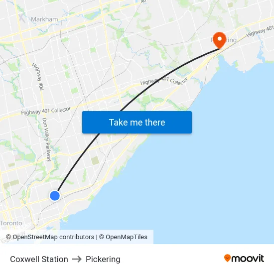 Coxwell Station to Pickering map