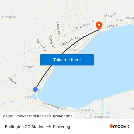 Burlington GO Station to Pickering map