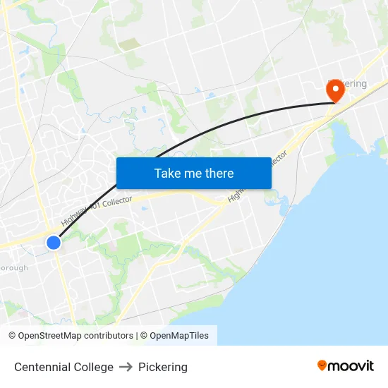 Centennial College to Pickering map