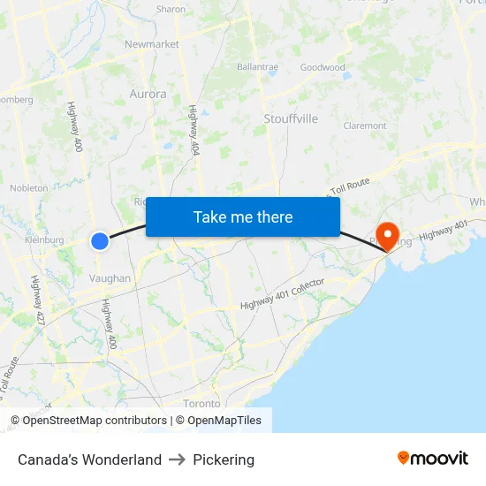 Canada’s Wonderland to Pickering map