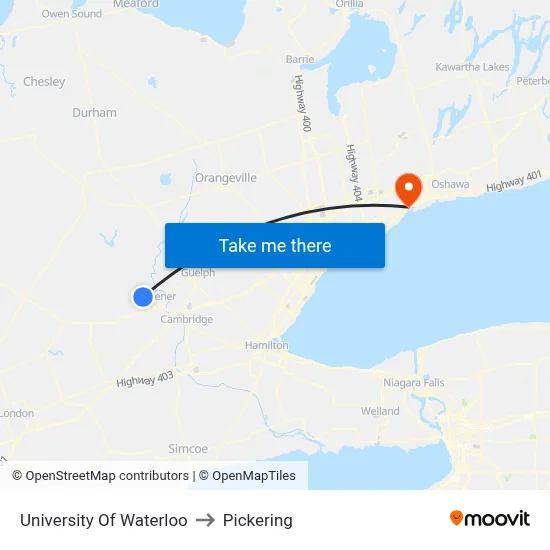 University Of Waterloo to Pickering map