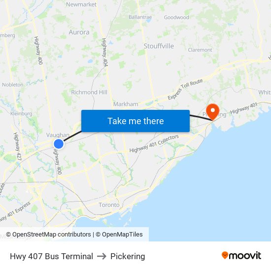 Hwy 407 Bus Terminal to Pickering map