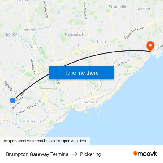 Brampton Gateway Terminal to Pickering map