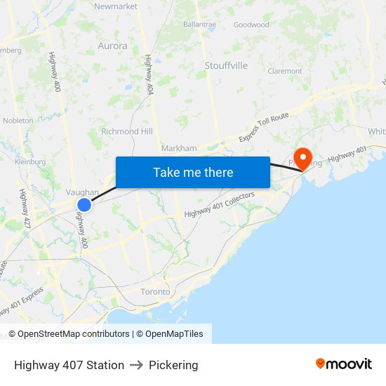 Highway 407 Station to Pickering map