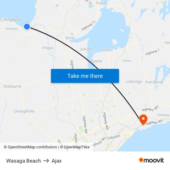 Wasaga Beach to Ajax map