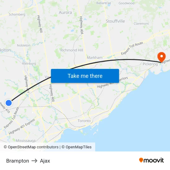 Brampton to Ajax map