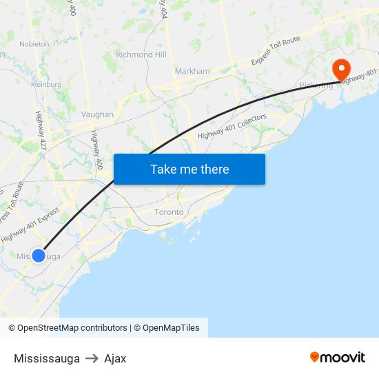 Mississauga to Ajax map