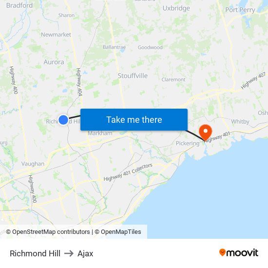 Richmond Hill to Ajax map