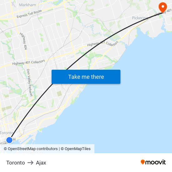 Toronto to Ajax map