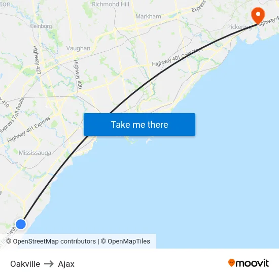 Oakville to Ajax map
