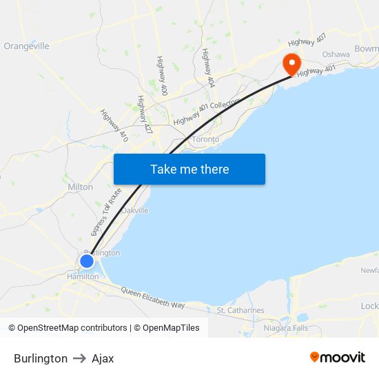 Burlington to Ajax map