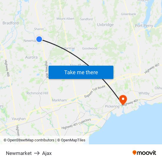Newmarket to Ajax map