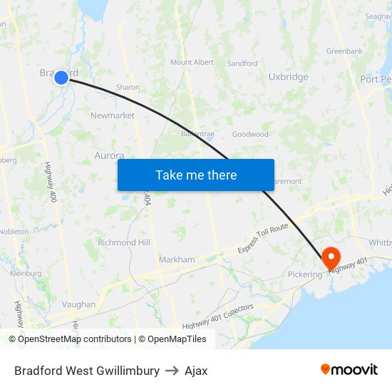 Bradford West Gwillimbury to Ajax map