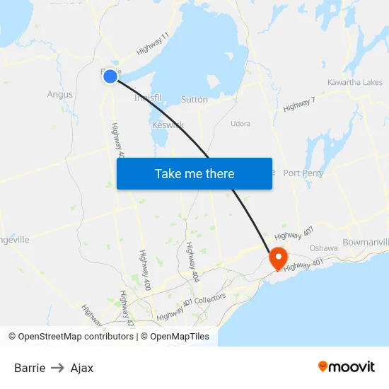 Barrie to Ajax map