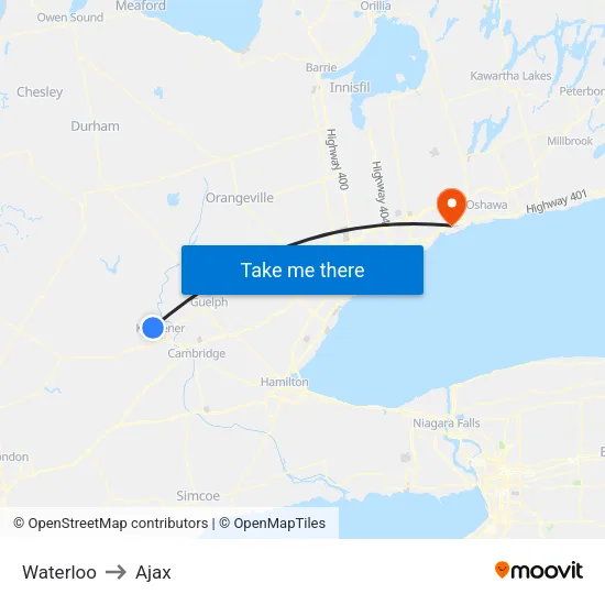 Waterloo to Ajax map
