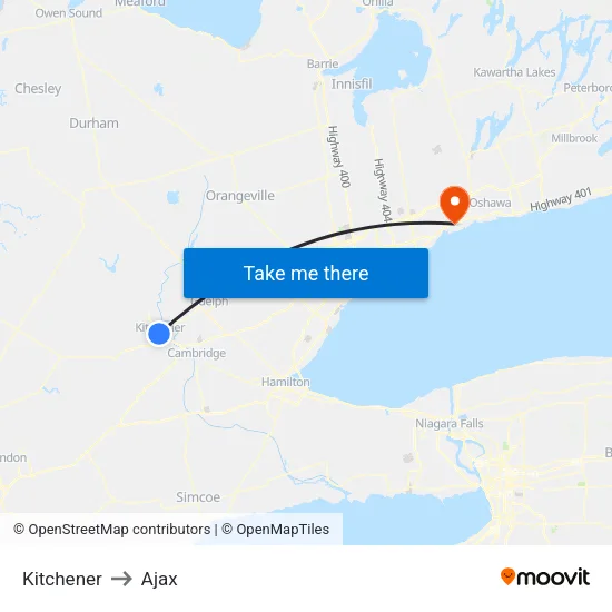 Kitchener to Ajax map