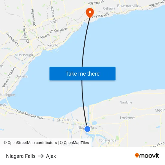Niagara Falls to Ajax map