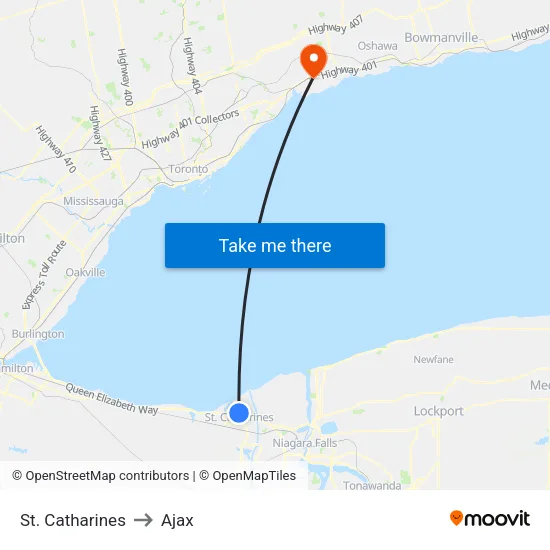 St. Catharines to Ajax map