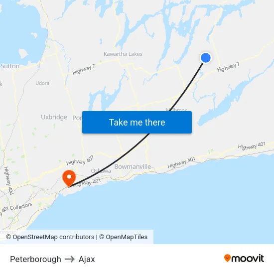 Peterborough to Ajax map