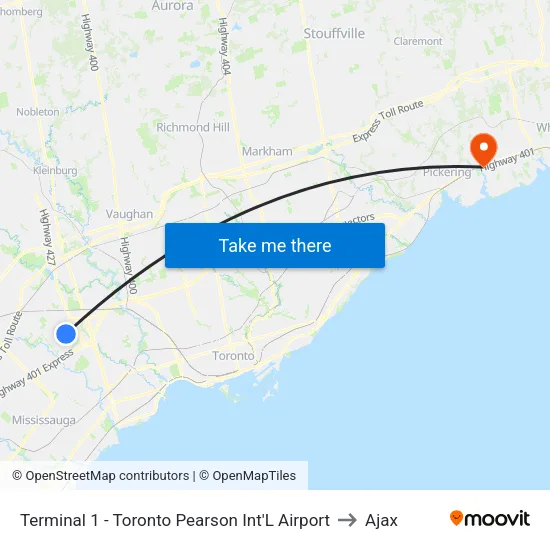 Terminal 1 - Toronto Pearson Int'L Airport to Ajax map