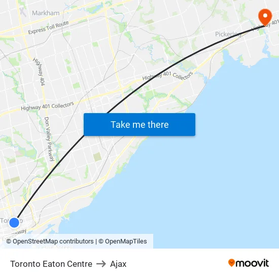 Toronto Eaton Centre to Ajax map