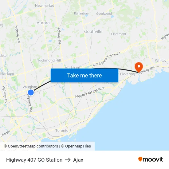 Highway 407 GO Station to Ajax map