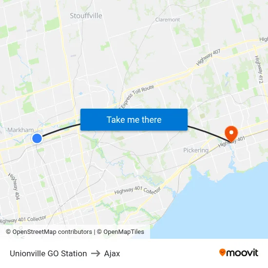 Unionville GO Station to Ajax map