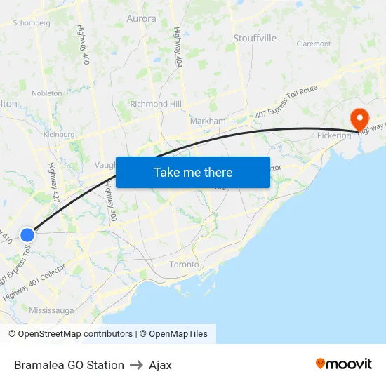 Bramalea GO Station to Ajax map