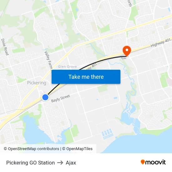 Pickering GO Station to Ajax map