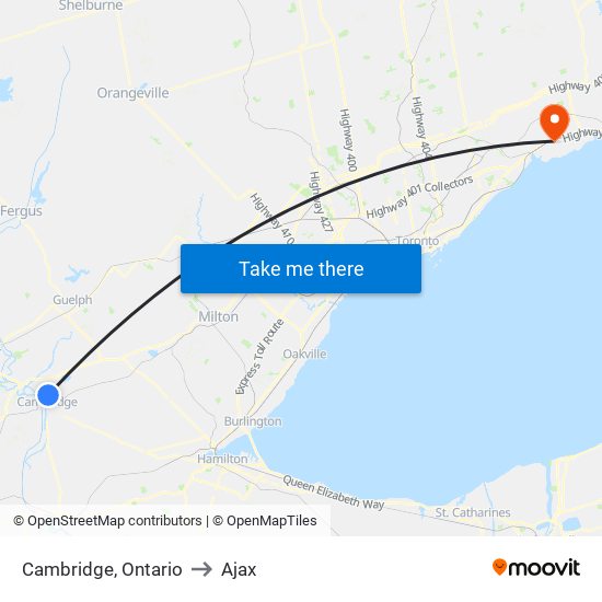 Cambridge, Ontario to Ajax map