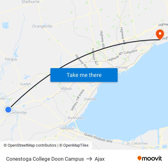 Conestoga College Doon Campus to Ajax map