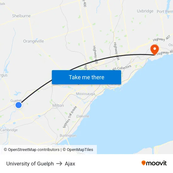 University of Guelph to Ajax map