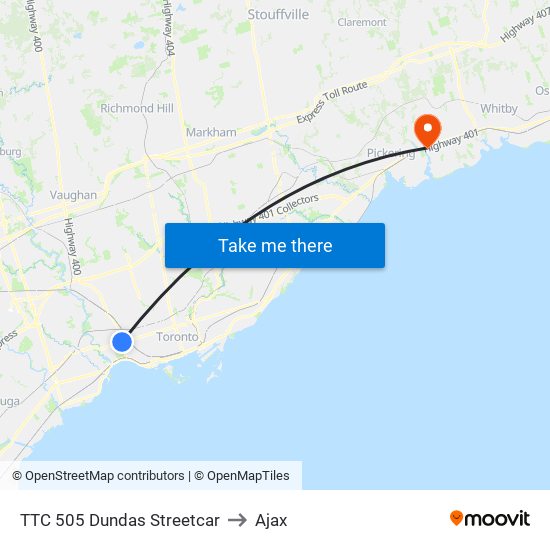 TTC 505 Dundas Streetcar to Ajax map