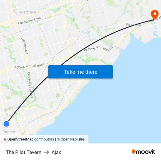 The Pilot Tavern to Ajax map