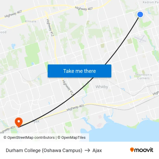 Durham College (Oshawa Campus) to Ajax map