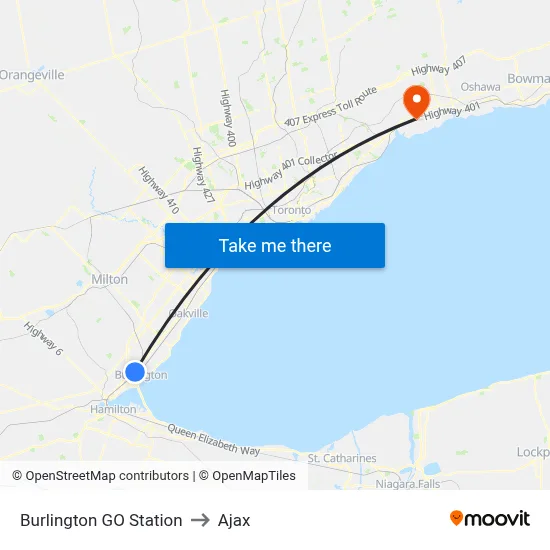 Burlington GO Station to Ajax map