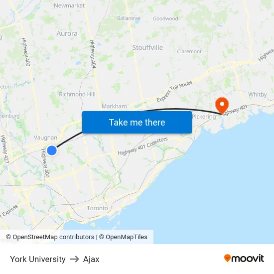 York University to Ajax map