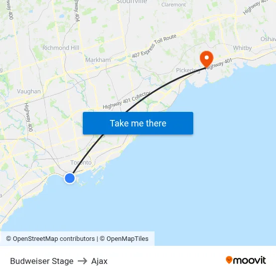 Budweiser Stage to Ajax map