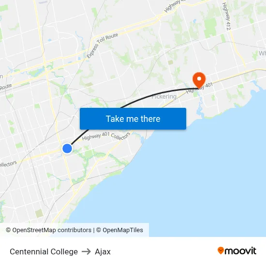 Centennial College to Ajax map
