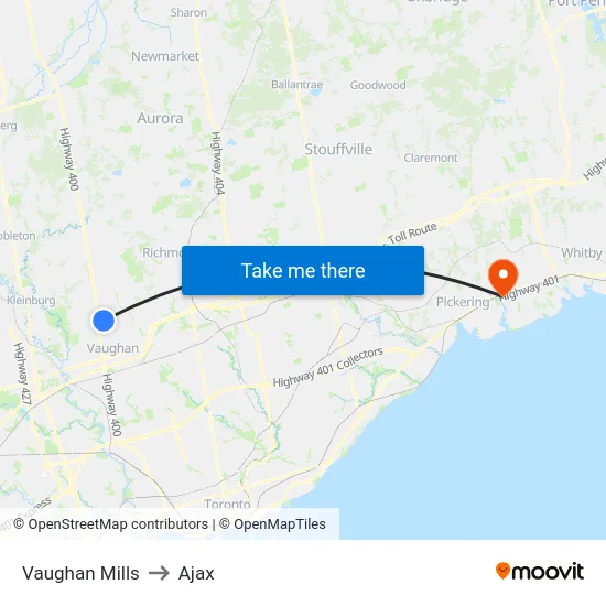 Vaughan Mills to Ajax map