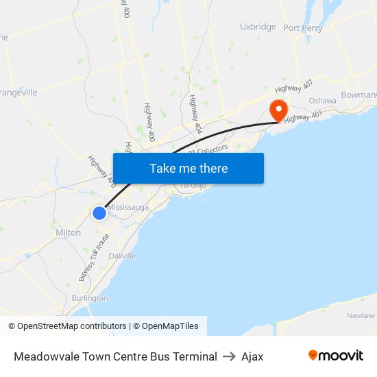 Meadowvale Town Centre Bus Terminal to Ajax map