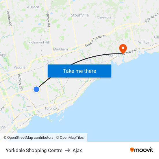 Yorkdale Shopping Centre to Ajax map