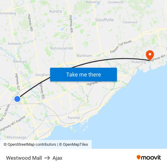 Westwood Mall to Ajax map
