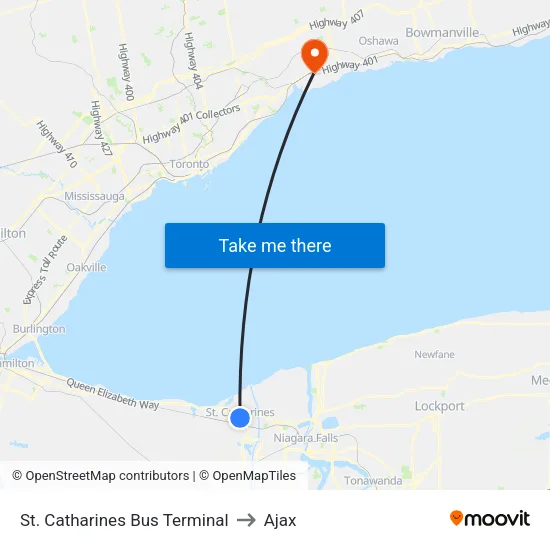 St. Catharines Bus Terminal to Ajax map