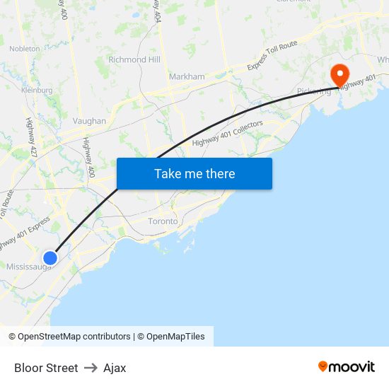 Bloor Street to Ajax map