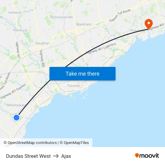 Dundas Street West to Ajax map