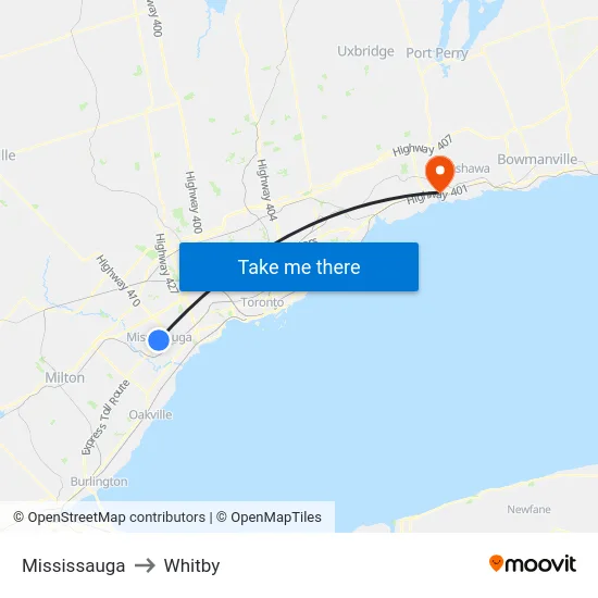 Mississauga to Whitby map