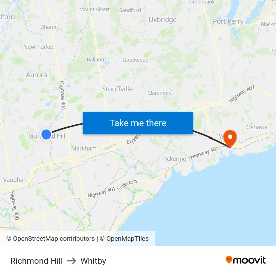 Richmond Hill to Whitby map