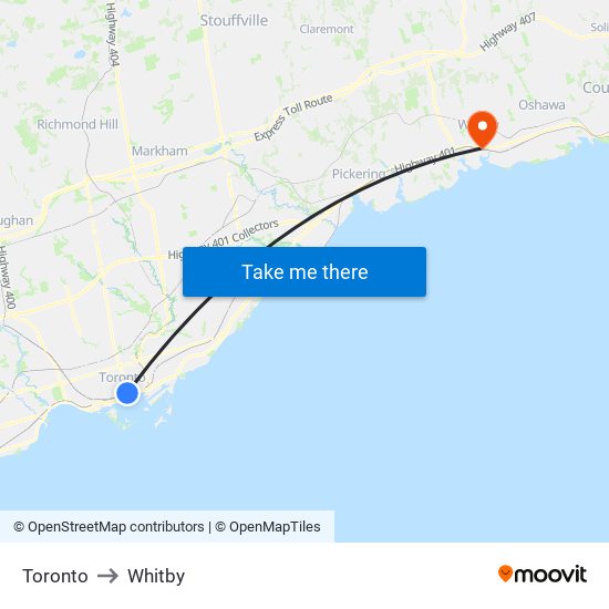 Toronto to Whitby map